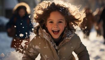 ai gerado sorridente menina goza inverno, jogando dentro a neve gerado de ai foto