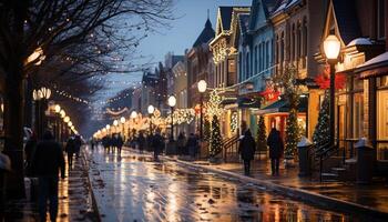 ai gerado inverno paisagem urbana iluminado de Natal luzes e lanternas gerado de ai foto