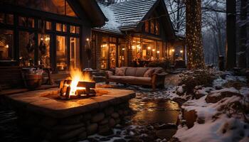 ai gerado acolhedor inverno noite, lenha queimando, confortável casa gerado de ai foto