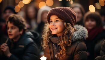 ai gerado sorridente meninas dentro caloroso roupas apreciar inverno ao ar livre gerado de ai foto