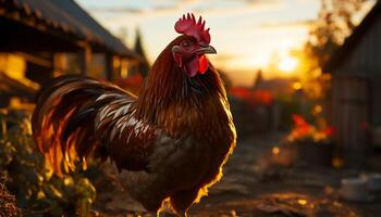 ai gerado majestoso galo em pé dentro uma rural frango coop gerado de ai foto