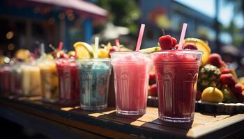 ai gerado fresco fruta coquetel em mesa, refrescante verão beber gerado de ai foto