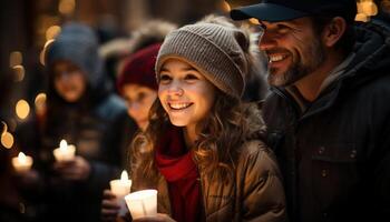 ai gerado sorridente homens e mulheres abraço dentro inverno amor gerado de ai foto