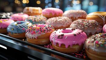 ai gerado multi colori rosquinha com chocolate gelo em Rosa prato gerado de ai foto