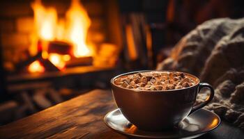 ai gerado quente café em de madeira mesa traz calor gerado de ai foto