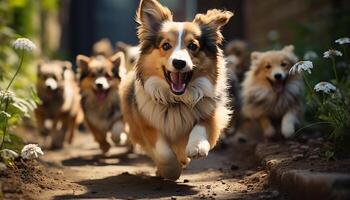 ai gerado fofa cachorro jogando ao ar livre com amigos dentro natureza gerado de ai foto