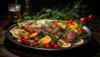 ai gerado grelhado salmão filé em uma cama do verduras gerado de ai foto