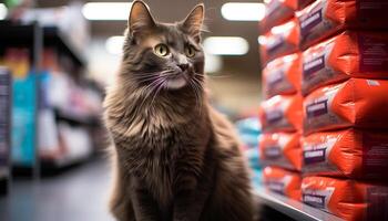 ai gerado fofa gatinho encarando às peixe dentro animal loja gerado de ai foto