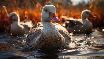 ai gerado patinho grasnado dentro a lago, cercado de natureza gerado de ai foto