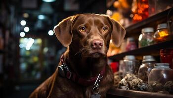 ai gerado fofa cachorro sentado, olhando às Câmera, dentro de casa gerado de ai foto