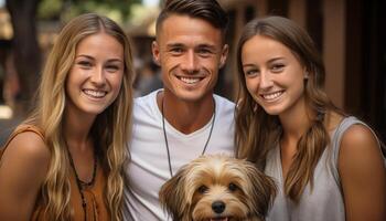 ai gerado sorridente mulheres e cachorro abraço felicidade dentro natureza gerado de ai foto