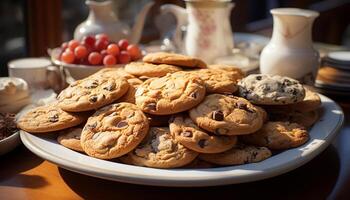 ai gerado recentemente cozido caseiro chocolate lasca biscoitos em uma prato gerado de ai foto