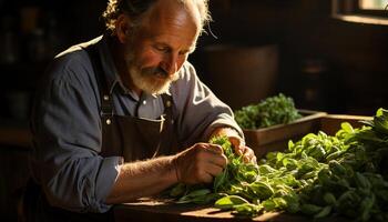 ai gerado Senior homem trabalhando em orgânico vegetal Fazenda gerado de ai foto