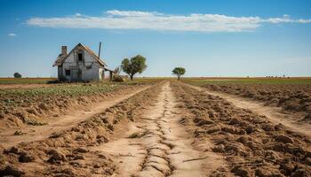 ai gerado rural Fazenda panorama com velho árvore e verde Relva gerado de ai foto