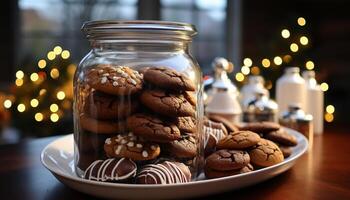 ai gerado caseiro chocolate lasca biscoitos em rústico de madeira mesa gerado de ai foto