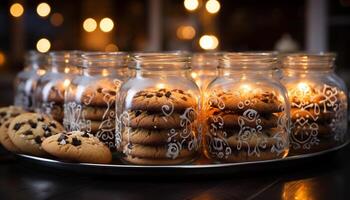 ai gerado caseiro chocolate lasca biscoitos em rústico de madeira mesa gerado de ai foto