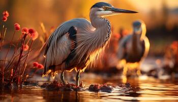 ai gerado garça em pé dentro água, refletindo a pôr do sol gerado de ai foto