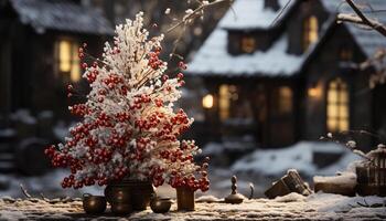 ai gerado inverno noite, neve coberto árvore, iluminado com decorações gerado de ai foto
