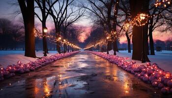 ai gerado inverno noite iluminado árvore dentro natureza celebração gerado de ai foto