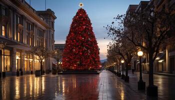 ai gerado iluminado Natal árvore brilha brilhante dentro inverno noite gerado de ai foto