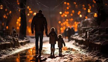 ai gerado família caminhando dentro a inverno noite, abraçando calor gerado de ai foto