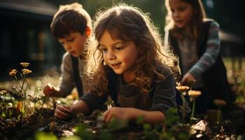 ai gerado sorridente meninas desfrutando natureza, plantio flores juntos gerado de ai foto