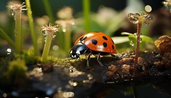 ai gerado joaninha em verde folha, natureza pequeno visto beleza gerado de ai foto