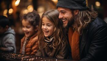 ai gerado uma alegre família jogando ao ar livre, criando lindo recordações gerado de ai foto