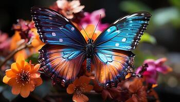 ai gerado a vibrante borboleta danças no meio a colorida flores gerado de ai foto