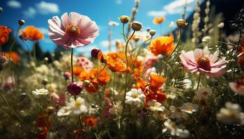 ai gerado lindo Prado do flores silvestres dentro vibrante verão cores gerado de ai foto