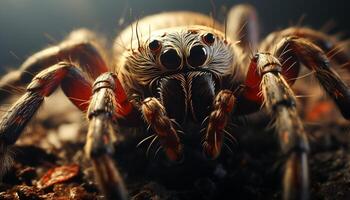 ai gerado assustador tarântula rastejando dentro a Sombrio floresta gerado de ai foto