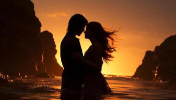 ai gerado jovem casal abraçando dentro a pôr do sol, puro amor gerado de ai foto