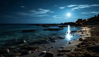 ai gerado azul onda bate em rochoso litoral às crepúsculo gerado de ai foto
