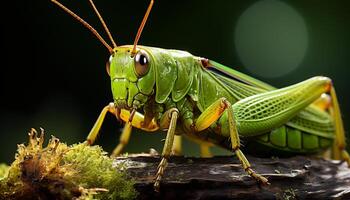 ai gerado fechar acima do uma verde gafanhoto em uma folha gerado de ai foto