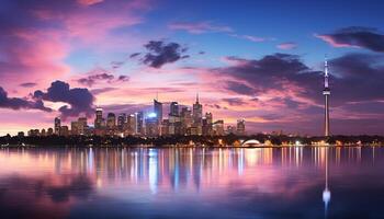 ai gerado vibrante cidade Horizonte reflete dentro água às crepúsculo gerado de ai foto