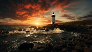 ai gerado pôr do sol sobre a litoral, ondas batida em pedras gerado de ai foto