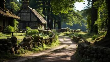 ai gerado tranquilo floresta panorama com antigo rústico chalé gerado de ai foto