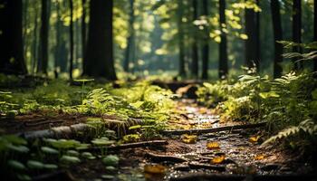 ai gerado tranquilo cena do verde floresta, luz solar, e animais selvagens gerado de ai foto