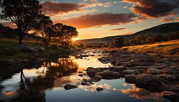 ai gerado tranquilo pôr do sol sobre água, refletindo natureza beleza gerado de ai foto