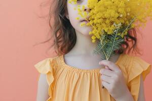 ai gerado uma menina segurando mimosa flores foto