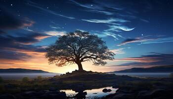 ai gerado silhueta do árvore contra azul céu às crepúsculo gerado de ai foto