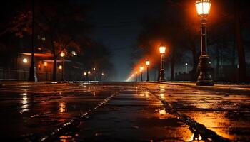 ai gerado cidade rua iluminado de rua luzes às crepúsculo gerado de ai foto