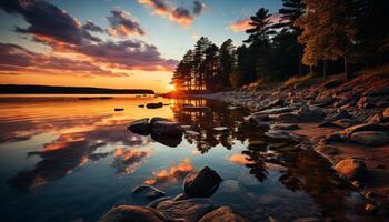 ai gerado pôr do sol sobre tranquilo água, refletindo a beleza do natureza gerado de ai foto