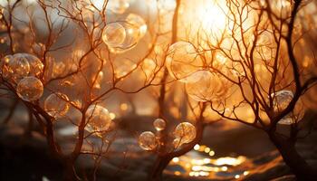 ai gerado pôr do sol ilumina árvore filial, criando vibrante natureza gerado de ai foto