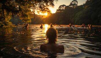 ai gerado família goza natação dentro uma lindo pôr do sol gerado de ai foto