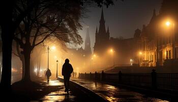 ai gerado silhueta do homens caminhando dentro iluminado cidade às crepúsculo gerado de ai foto