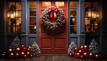 ai gerado inverno celebração iluminado Natal árvore decora a porta gerado de ai foto
