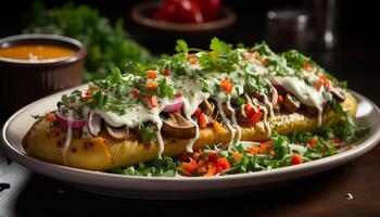 ai gerado grelhado carne taco com fresco tomate e guacamole gerado de ai foto