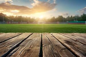 ai gerado de madeira mesa configuração com futebol arremesso embaçado fundo foto