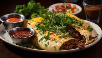 ai gerado grelhado carne taco com fresco guacamole em pão sírio gerado de ai foto